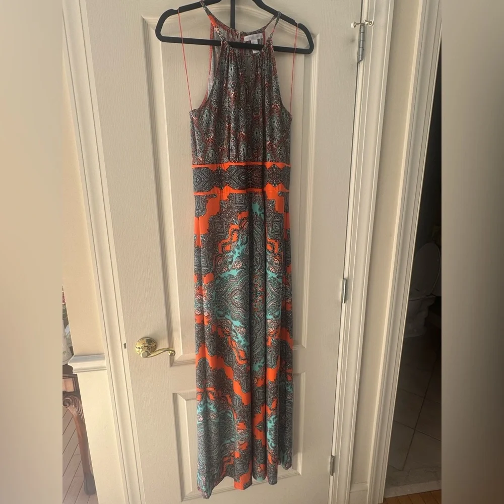 London Times Size 12 Medallion Sleeveless Halter Maxi Dress Orange and Blue NWOT